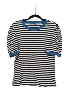 Women's L Black White Striped Crewneck Shirt Colorblock Y2K Summer Top Retro Tee